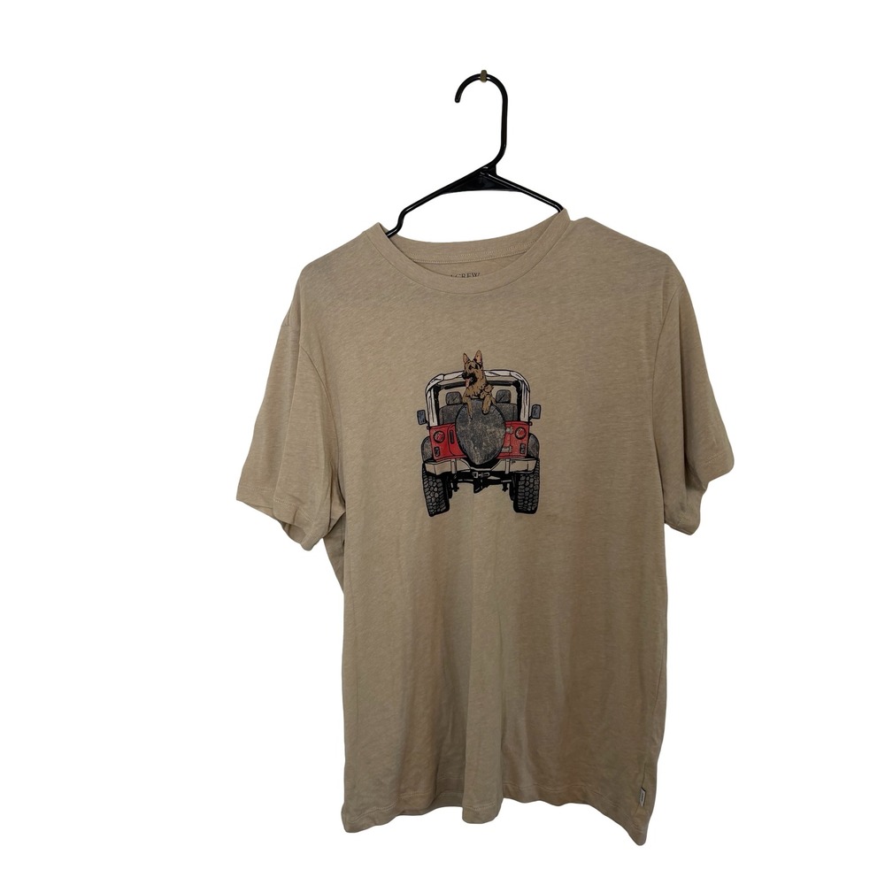 J. Crew German Shepherd Dog Red Jeep Graphic Tee Tan Heather Cotton T-Shirt L